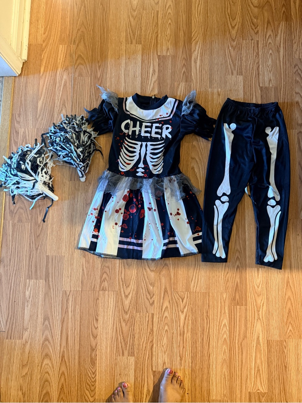 Kids Black Skeleton Cheerleader Costume with Pom Poms